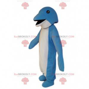 Zeer glimlachende blauw-witte dolfijnmascotte. Dolfijn kostuum